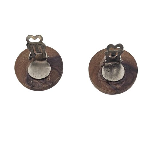 VTG Clip On Earrings Round Hugger Brown Brushed Wood Boho Cottage Core Chunky - Picture 7 of 10